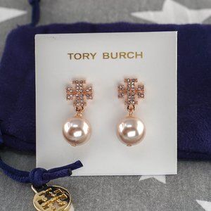 Tory Burch Kira Pavé Pearl Drop Earrings Rose Gold
